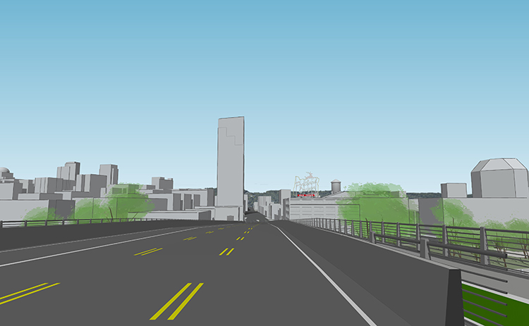 Una vista digital del tramo oeste del tipo de puente Viga modificada, con vistas abiertas desde el puente de los barrios históricos del centro de la ciudad y del popular rótulo de “Portland, Oregón”.